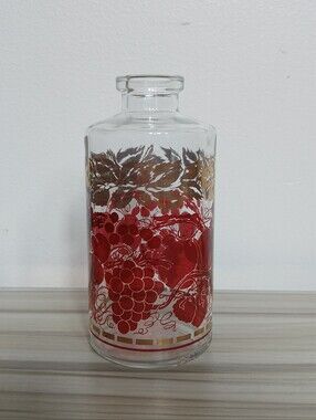 Vintage Luminarc Glass Wine Decanter Bottle Grape & Vine Motifs Red Gold Accent